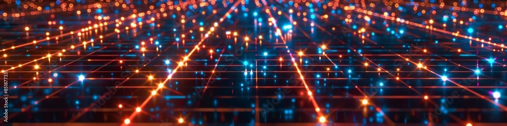 Fragmented grid with broken connections on a dark backdrop, illuminated by scattered neon lights for a futuristic effect Fragmented grid with broken connections on a dark backdrop, illuminated by scattered neon lights for a futuristic effect