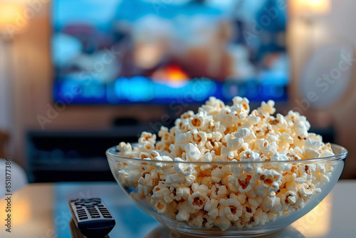 glass bowl with popcorn and remote control TV, blurred background