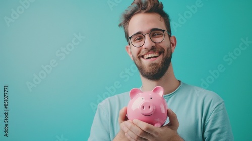 Happy male holding a pink piggy bank