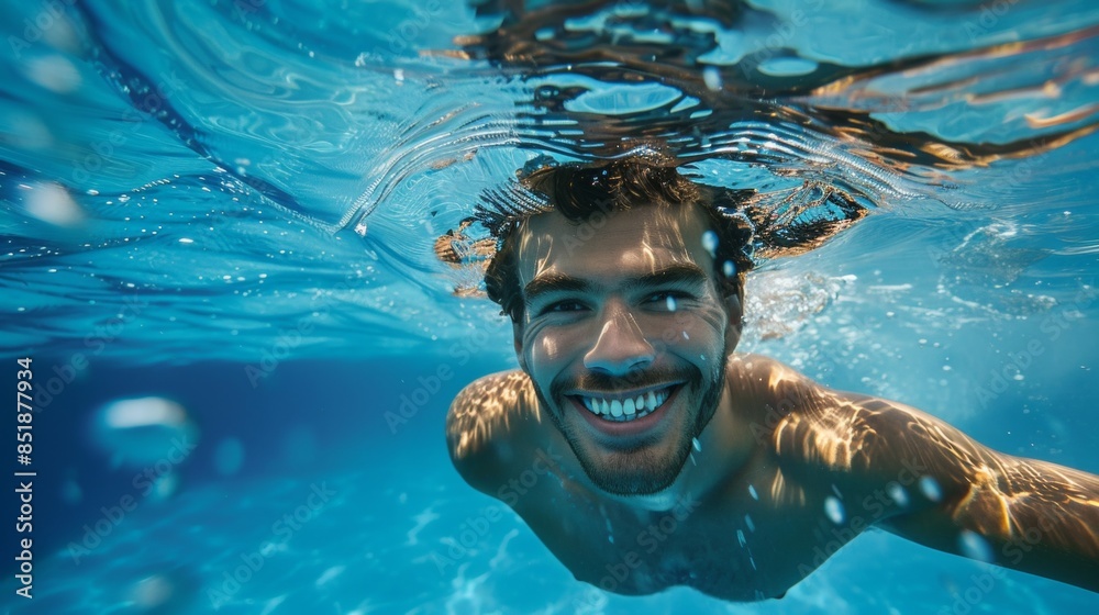 Fototapeta premium Underwater portrait of happy male in swimming pool.