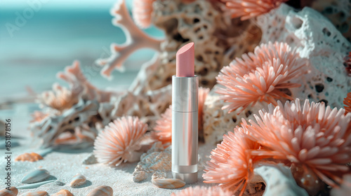 A lipstick in a metallic case stands amidst vibrant pink sea anemones and corals on a sandy beach, suggesting beauty and elegance in a marine setting. photo