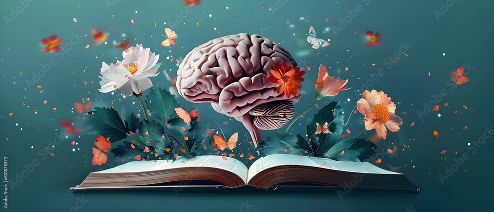 human brain flower come out from a digital book, growth mindset human brain flower come out from a digital book, growth mindset