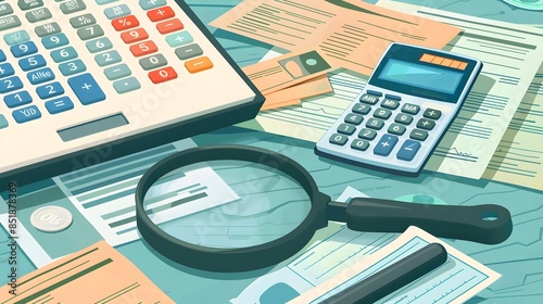 a tax document, a magnifying lens, a financial document, banknotes and a calculator machine on a desk. finance, money, accounting concept	 photo