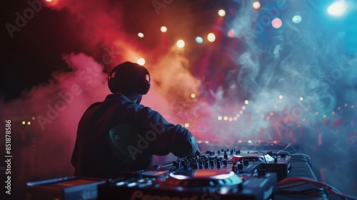 A DJ spinning tracks at an outdoor music festival, with colorful lights and an energetic crowd dancing. The essence of electronic dance music captured in motion.