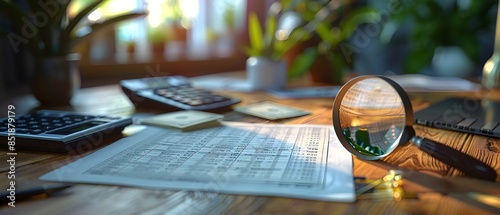 a tax document, a magnifying lens, a financial document, banknotes and a calculator machine on a desk. finance, money, accounting concept	