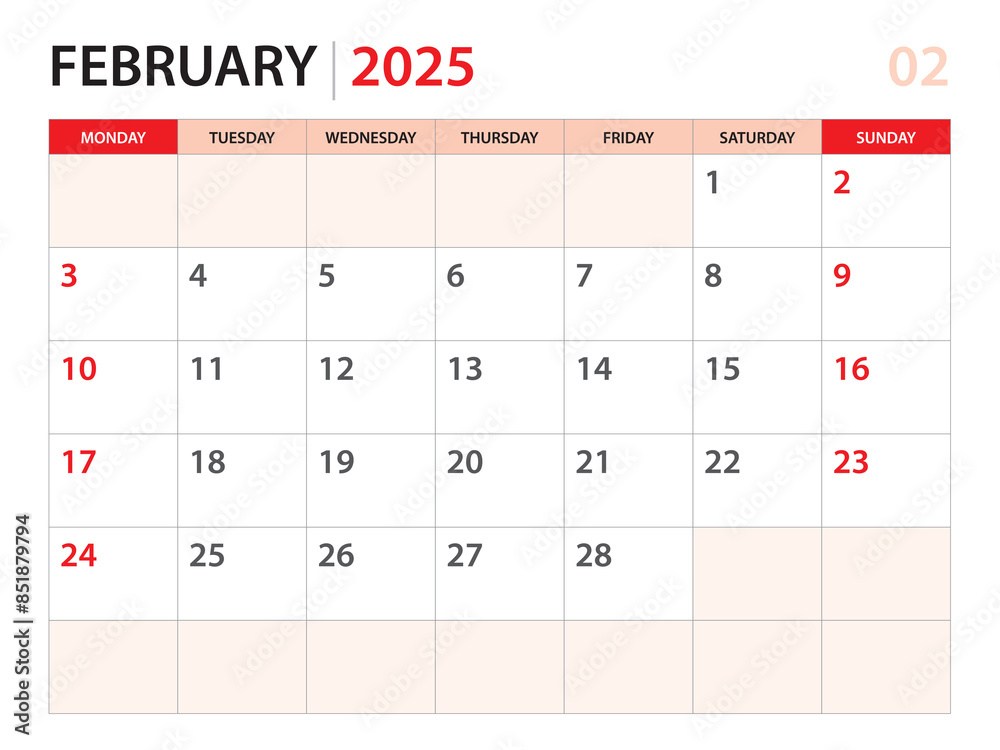 Calendar planner 2025 - February 2025 template, week start on Monday, Desk calendar 2025 year, simple and clean design, Wall calendar design, Corporate design planner template, red background