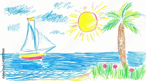 Children's drawing of sun, sailing ship and palm tree beach