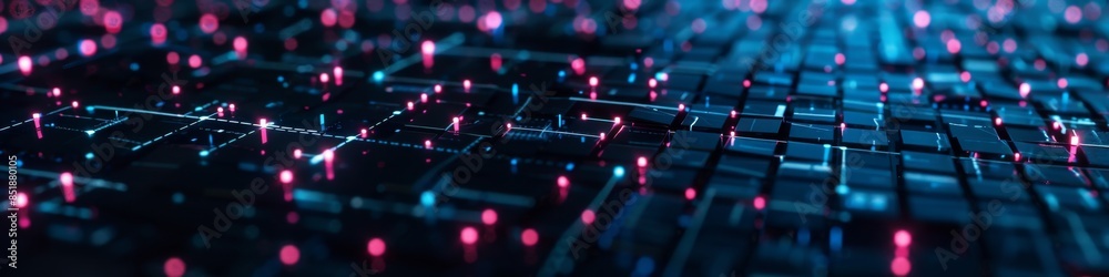 Dark tech background showcasing a fragmented grid with broken connections, illuminated by sporadic neon highlights Dark tech background showcasing a fragmented grid with broken connections, illuminated by sporadic neon highlights