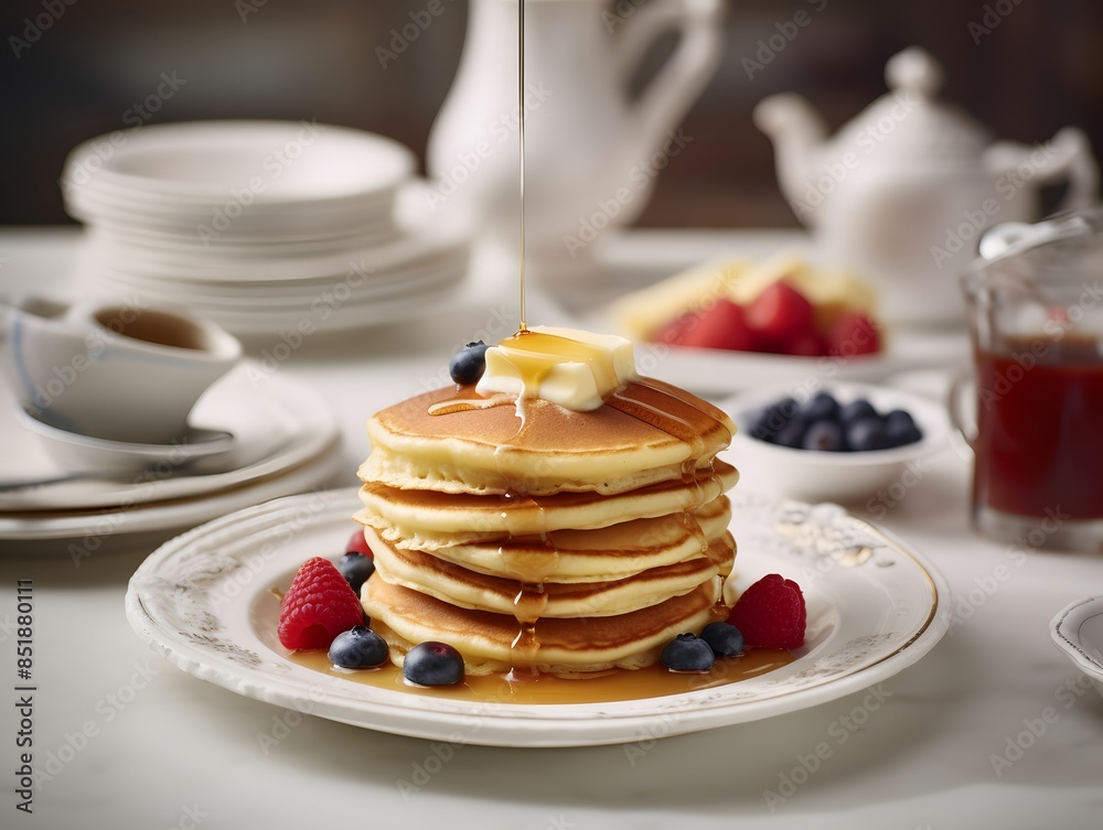 Stack of pancakes with berries and honey. Stack of pancakes with berries and honey.