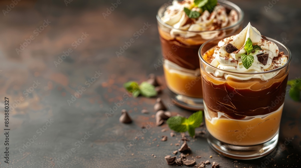 Butterscotch Pudding and Chocolate Pudding. Copy space Butterscotch Pudding and Chocolate Pudding. Copy space