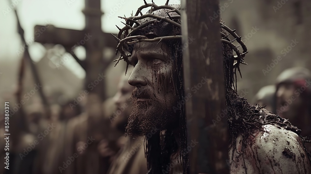 A close-up shot of a man wearing a crown of thorns, captured during a religious procession A close-up shot of a man wearing a crown of thorns, captured during a religious procession