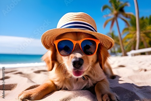 Cute dog in a hat and sunglasses is resting on the beach. Stylish dog in a hat on vacation at sea. Funny puppy tourist.  © MUmar