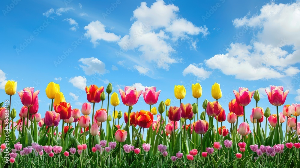 Vibrant tulip field under a clear blue sky,  springtime concepts