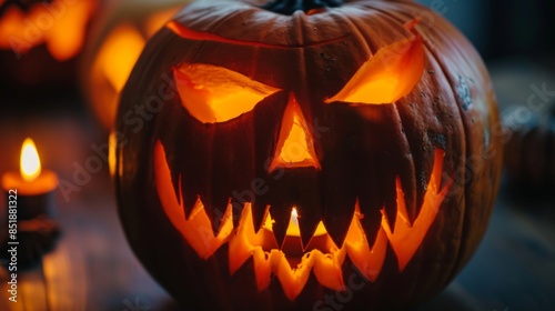 A detailed close-up of a carved pumpkin with an intricate, terrifying face. The candle inside flickers, casting shadows that make the face seem to move and come to life.