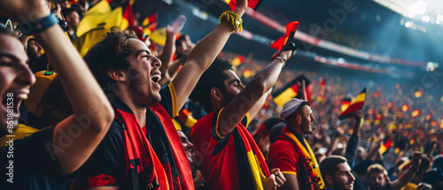 Belgium football supporter fans  - Young people group with Red yellow black t-shirts having excited fun on sport european championship concept
