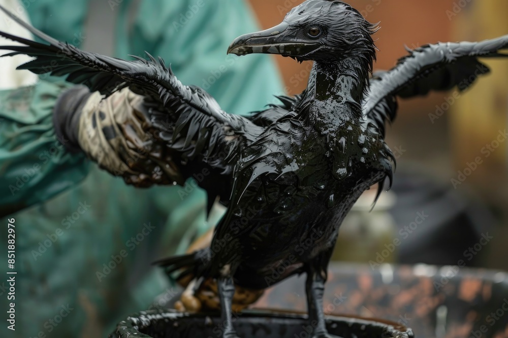 Fototapeta premium seabird covered in oil being rescued and cleaned by a person
