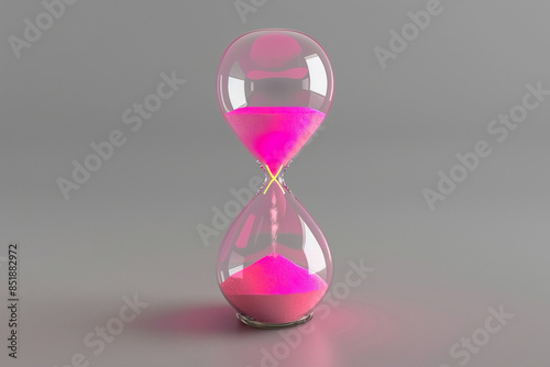 A transparent hourglass with neon pink sand on a solid gray background, emphasizing a bold and modern look.