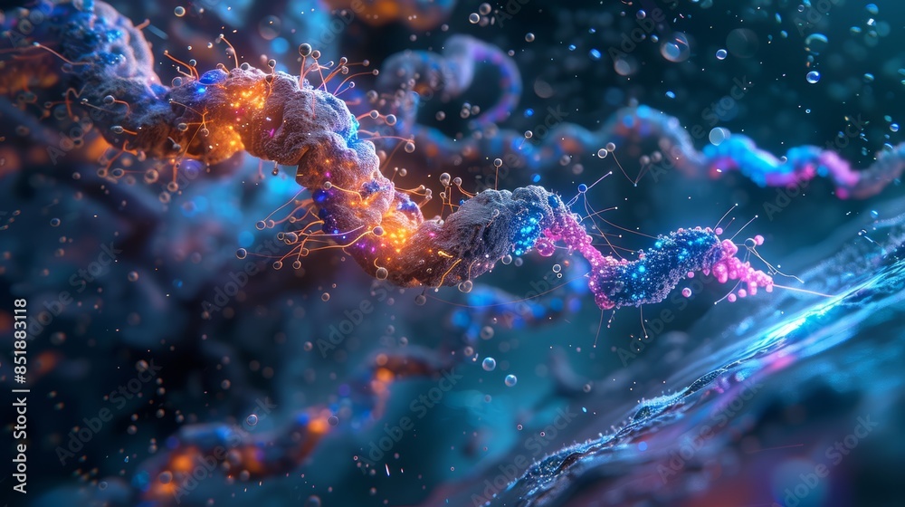 A detailed macro view of colorful protein molecules in an abstract scientific background, highlighting molecular structure and biochemistry. A detailed macro view of colorful protein molecules in an abstract scientific background, highlighting molecular structure and biochemistry.