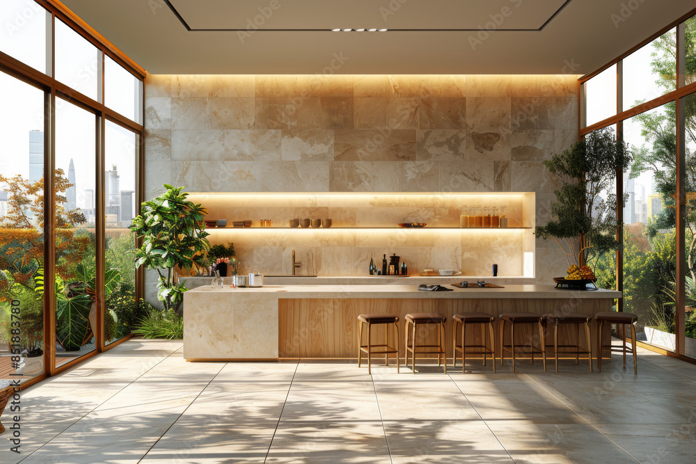 Beige kitchen interior with island, bar chairs and large windows ...