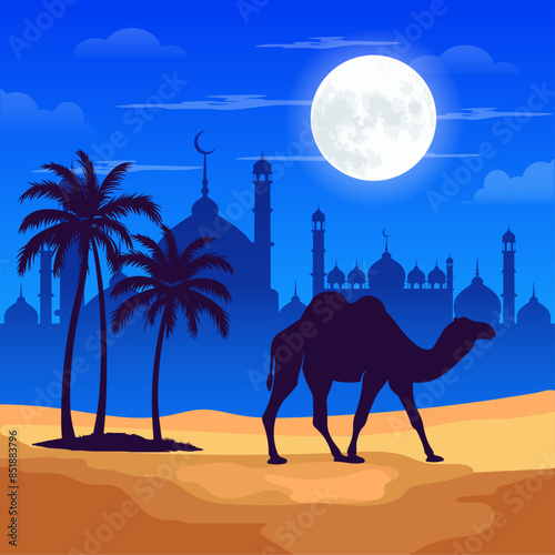 Caravan in the desert background mosque camels in sands, camels and mosque background, islamic festival happy eid al adha design template