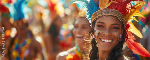 A lively Brazilian Carnival celebration with vibrant costumes, energetic music, and samba dancers parading through the streets.