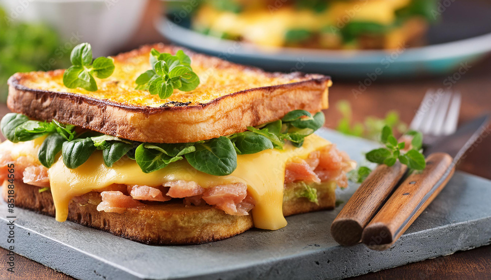 Croque Monsieur, delicious French ham and cheese sandwich. Tasty fast food. Culinary concept. Croque Monsieur, delicious French ham and cheese sandwich. Tasty fast food. Culinary concept.