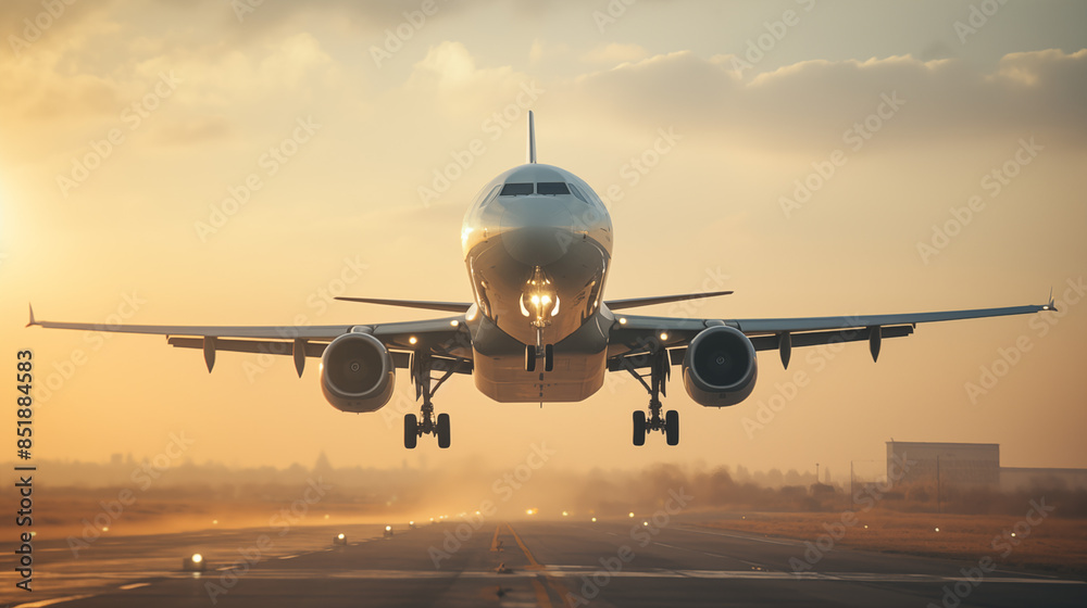 Airplane Landing at Sunset with Vibrant Sky
