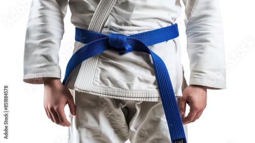 Man in a judo suit with blue belt isolated on white background