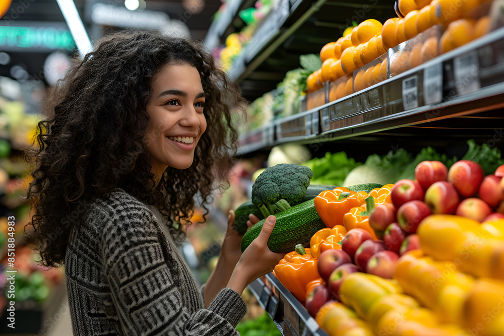A woman selects fresh vegetables from the produce section of a supermarket