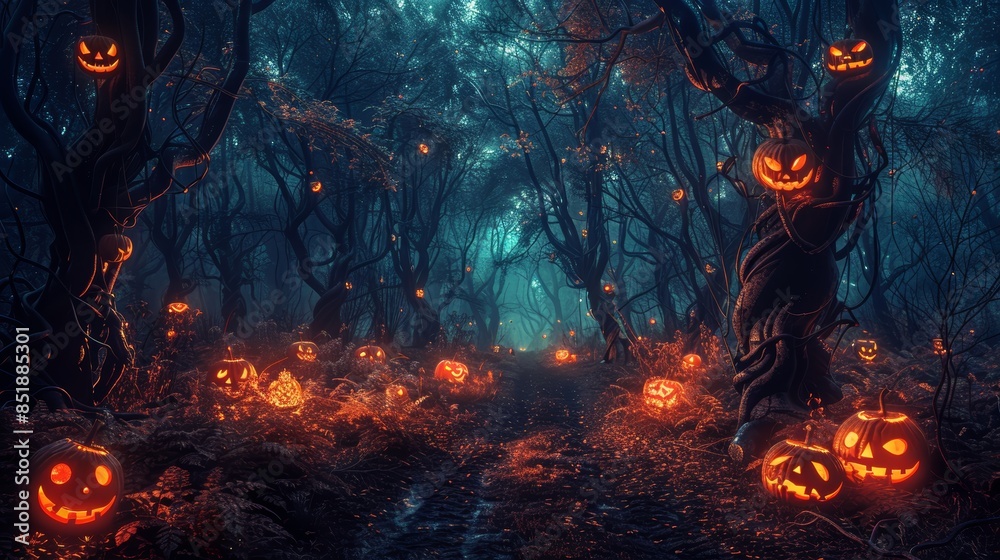 Spooky forest filled with glowing jack-o'-lanterns on a foggy Halloween night, creating an eerie and mysterious atmosphere. Spooky forest filled with glowing jack-o'-lanterns on a foggy Halloween night, creating an eerie and mysterious atmosphere.