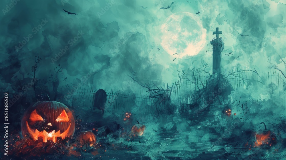Spooky Halloween scene with jack-o-lanterns, a graveyard, and a full moon. Perfect for Halloween decorations and spooky backgrounds. Spooky Halloween scene with jack-o-lanterns, a graveyard, and a full moon. Perfect for Halloween decorations and spooky backgrounds.