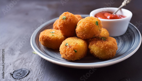 Delicious potato croquettes and bowl of sauce. Tasty food for dinner. Culinary and cooking concept