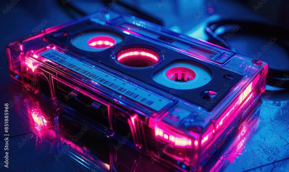Neon cassette. Nostalgia of the 90s. Audio cassette for listening to music Neon cassette. Nostalgia of the 90s. Audio cassette for listening to music