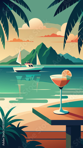 Exotic cocktail on a table by the beach with a sailboat and mountains in the background at sunset, framed by palm leaves