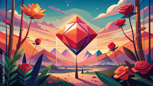 Illustration of a surreal landscape featuring a large floating geometric crystal above a path, surrounded by giant roses, mountains, and a colorful sunset sky