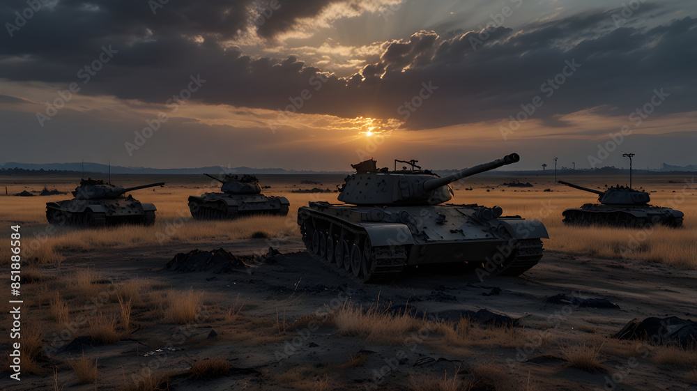 An abandoned battlefield with charred remains of tanks, scorched earth, emphasizing the devastation and desolation left behind An abandoned battlefield with charred remains of tanks, scorched earth, emphasizing the devastation and desolation left behind