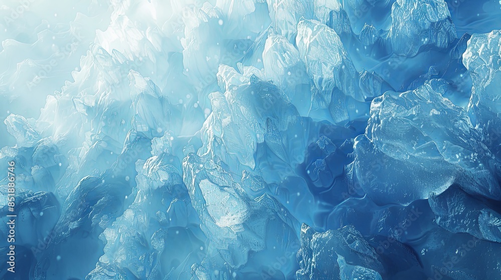 A cool background of glowing ice formations in shades of blue and white, with subtle light reflections