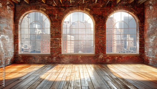 empty room with wooden floors and red brick walls, featuring three arched windows that offers city views