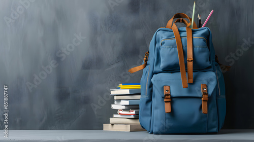 Blue school bag with folded books and school supplies isolated on a grey background