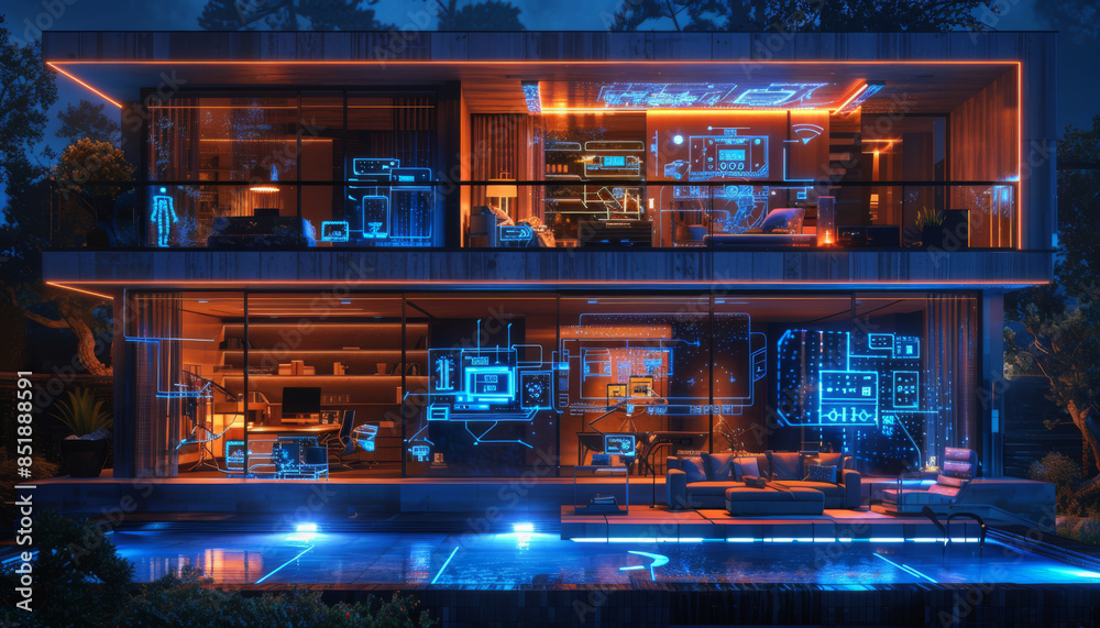 a smart home with various connected devices and digital holographic blueprints on the walls, representing modern technology in house architecture