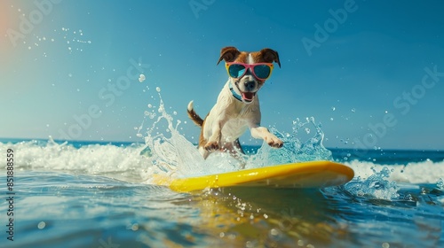 A dog surfing with high tide with water splashes