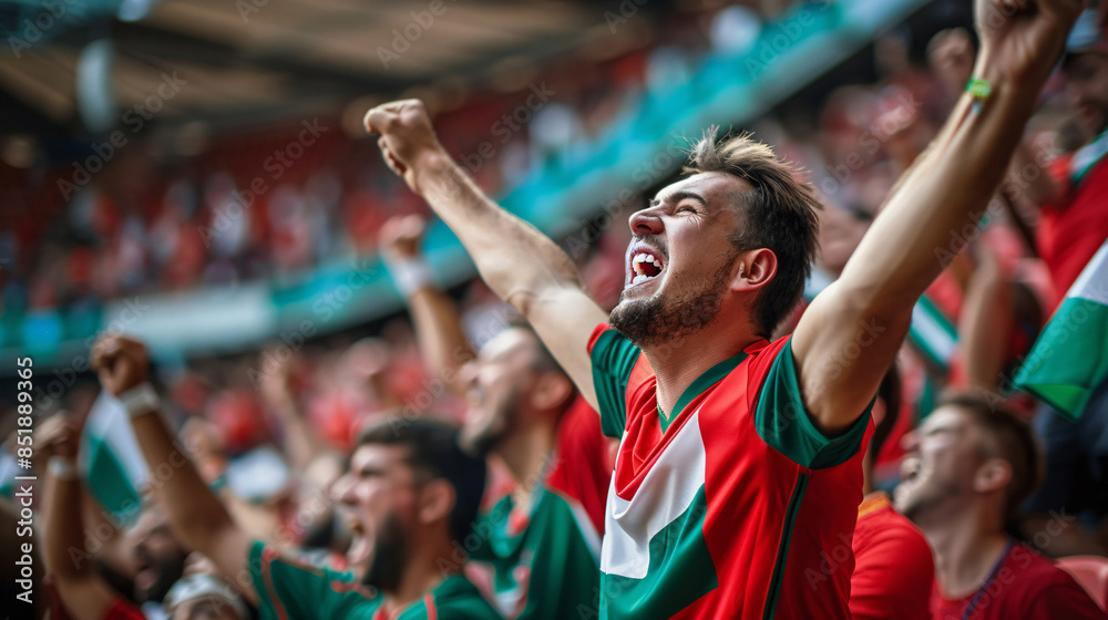 Hungarian football soccer fans in a stadium supporting the national team, european football league Hungarian football soccer fans in a stadium supporting the national team, european football league