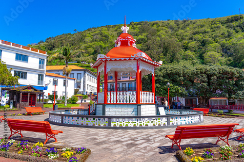 Red bandstand in the República de Velas garden, São Jorge Island-Azores-Portugal.
