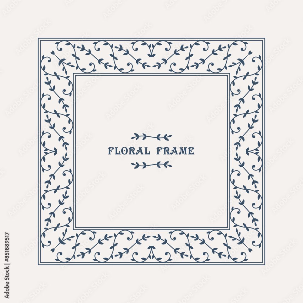 Retro square frame with traditional floral ornament. Filigree geometric design elements and ornamental page decoration