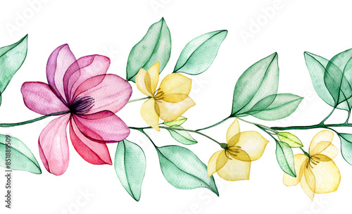 watercolor seamless border with transparent magnolia flowers. pink flowers and leaves, x-ray