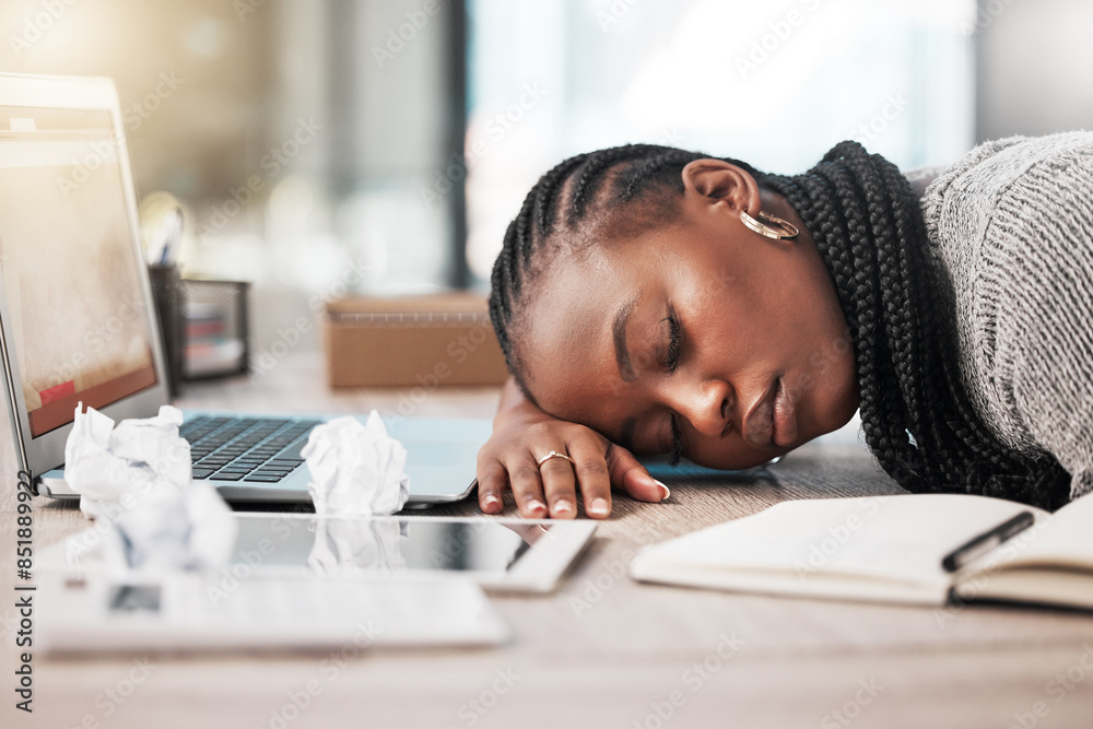 Sleeping, laptop and business woman in office for burnout, tired and overworked. Exhausted, fatigue and lazy with employee napping at desk for stress, mental health and headache rest from pressure Sleeping, laptop and business woman in office for burnout, tired and overworked. Exhausted, fatigue and lazy with employee napping at desk for stress, mental health and headache rest from pressure