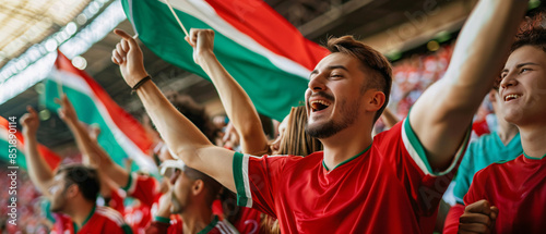 Hungarian football soccer fans in a stadium supporting the national team, european football league