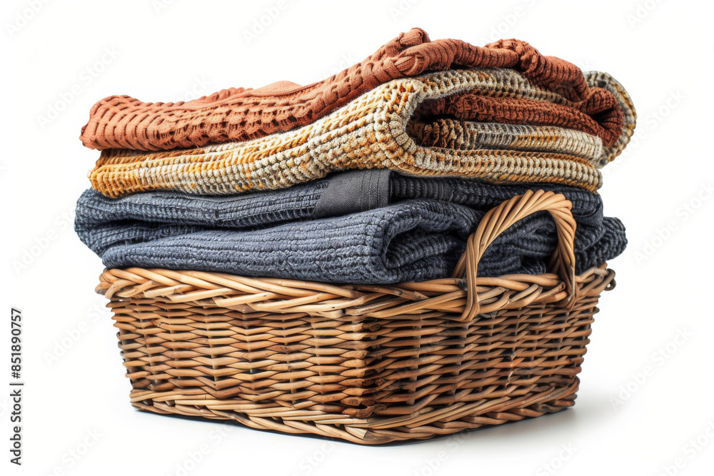 Obraz premium a stack of clothing laundry in a wicker basket isolated on a white background
