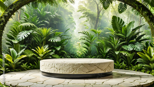 product display podium, Natural stone podium in tropical forest background with green leaves, green jungle, Empty showcase platform for product presentation for cosmetic products, ad, podium platform