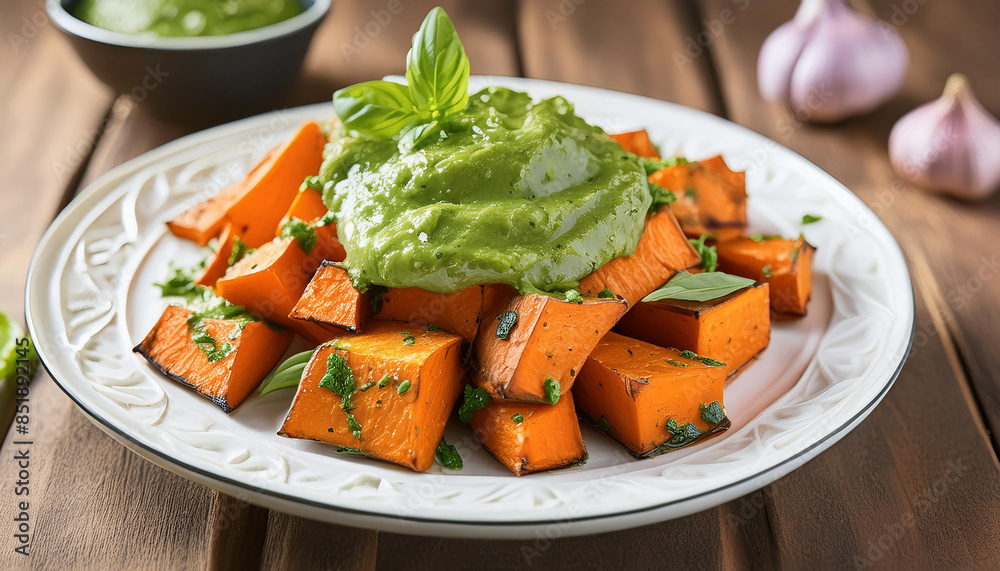 Roasted sweet potatoes with green sauce on white plate. Tasty food for dinner. Culinary concept. Roasted sweet potatoes with green sauce on white plate. Tasty food for dinner. Culinary concept.